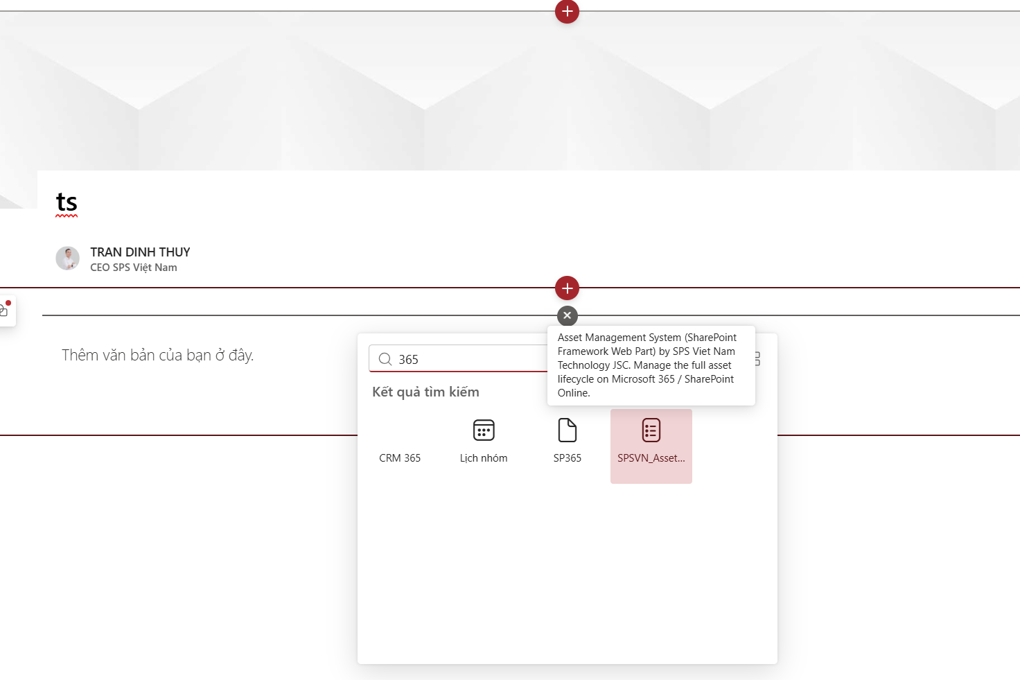 Search for Asset365 web part and select Asset365