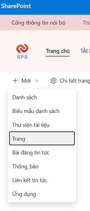 SharePoint + New menu showing Page option